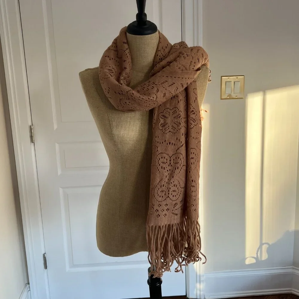 Elegant Tan Light Knit Scarf Shawl Wrap Fringe‎ Boho Festival Accessory